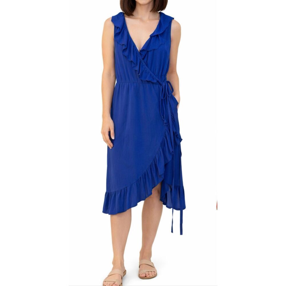 Hanna Andersson blue ruffled wrap vneck dress size small